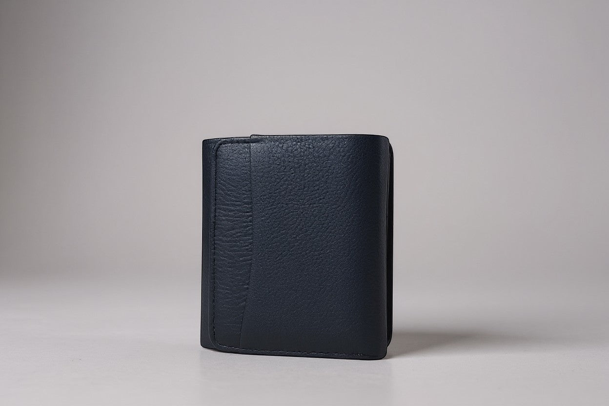 UrbanHideLeathers navy blue 3-fold wallet made from soft cow leather with a textured finish.